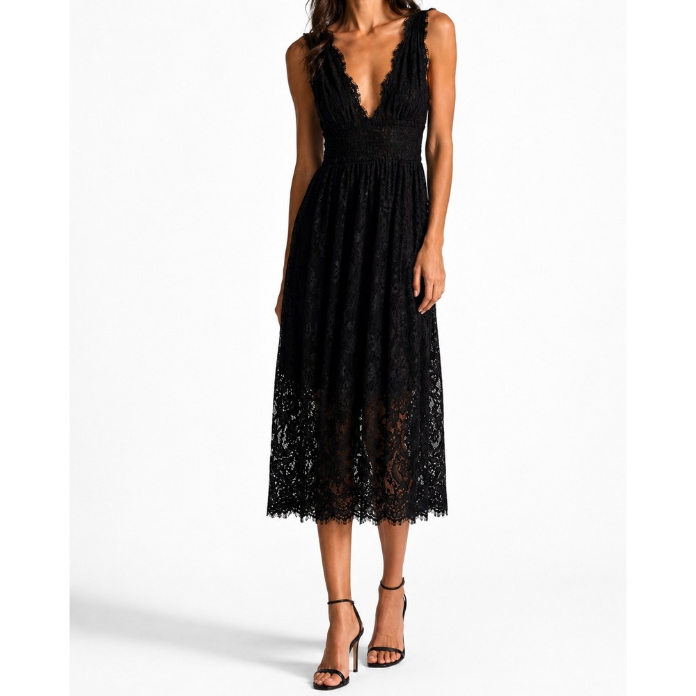 Lulus Whimsigoth Black Coquette Lace Deep V-Neck Midi Dress XS Eyelash Trim